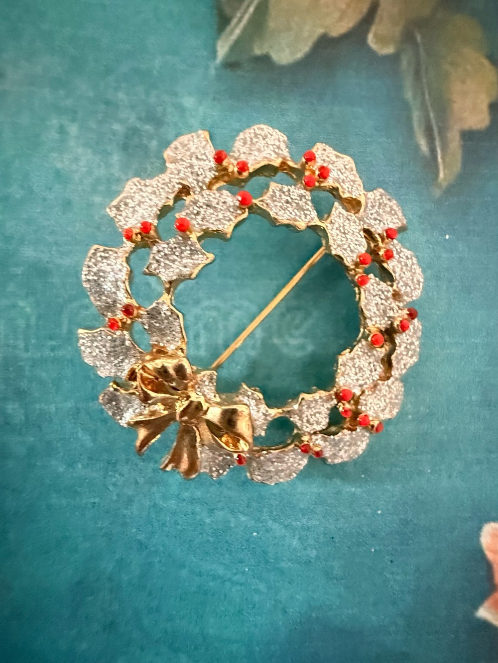 Gold and Silver Glitter Wreath Brooch with Red Accents